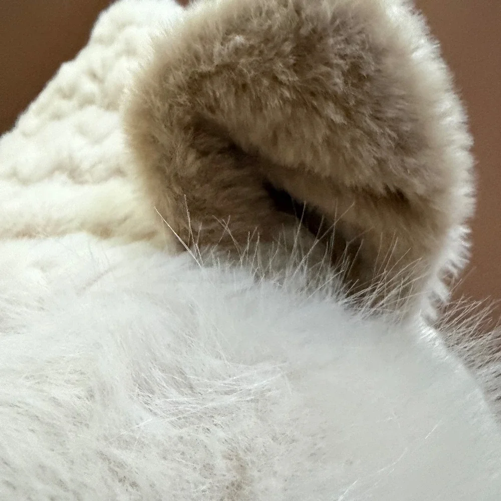 Mona Momo Ivory Faux Fur Animal Ear Hood Scarf Balaclava Winter Hat Cream Minky